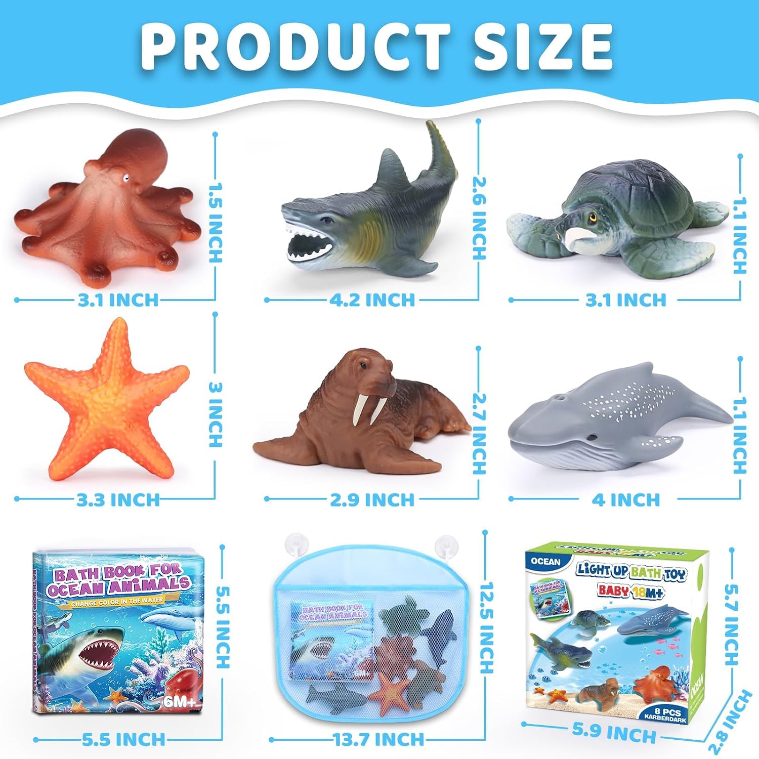 6 Pack Light Up Bath Toys & Magic Bath Book & Storage Bag for Toddler, No Hole Floating Ocean Animal with LED Flashing Colors, Glow Sensory Bathtub Toy for Kid, Water Table Toy, Gift for Boy Girl